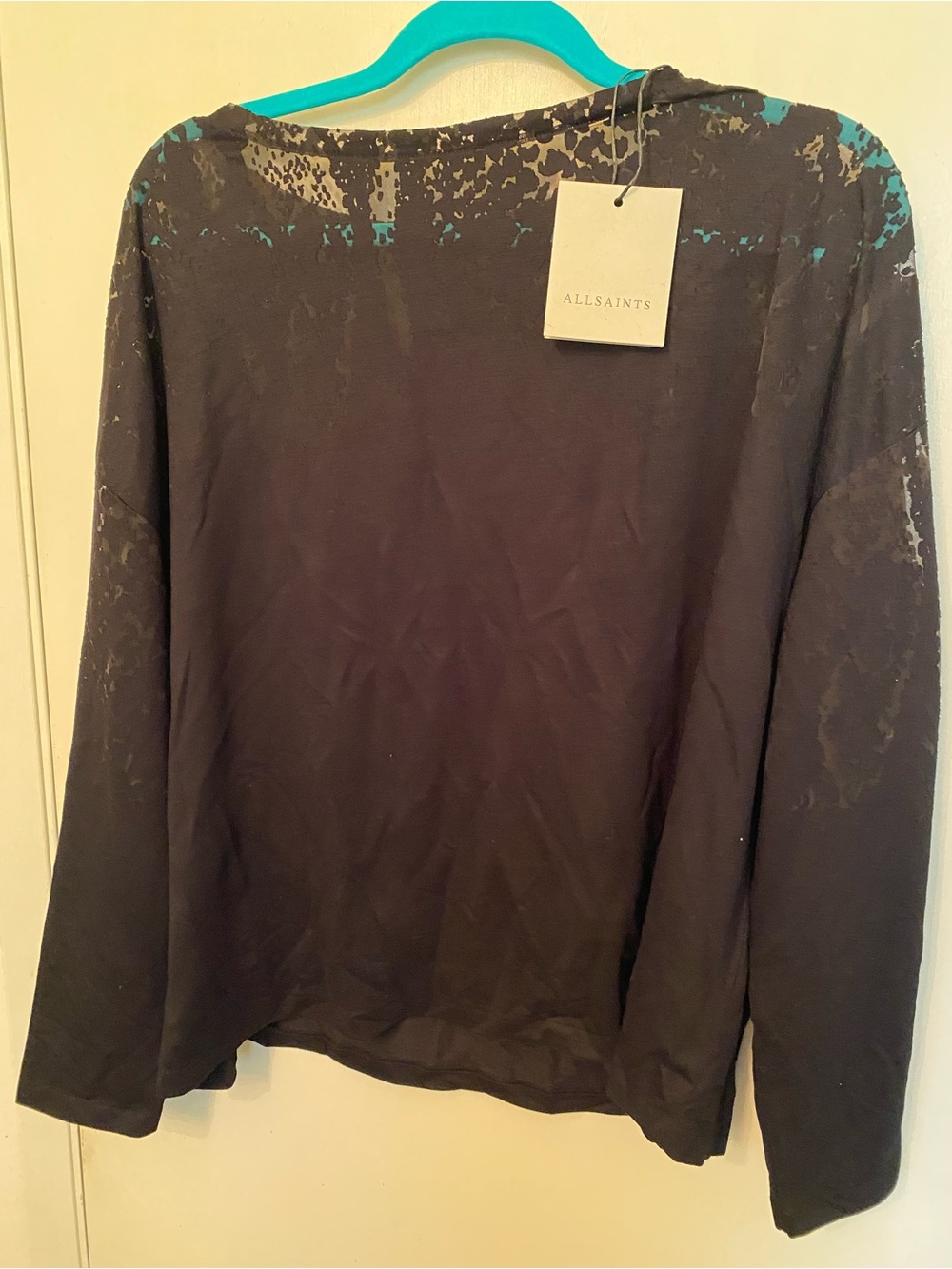 AllSaints Black Crewneck Top with Subtle Pattern Detail